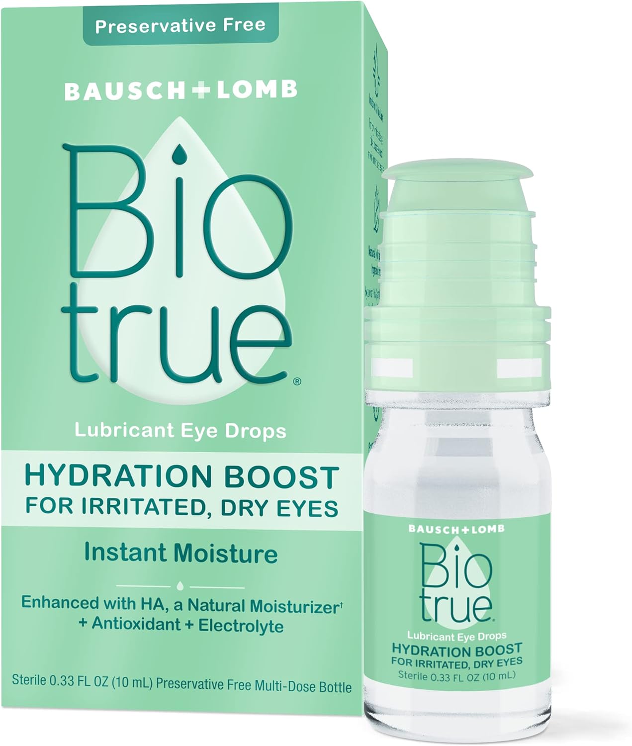 Bausch + Lomb Biotrue Hydration Boost Eye Drops, Preservative Free, Soft Contact Lens Friendly for Irritated and Dry Eyes, Preservative Free, Naturally Inspired, 0.33 FL OZ (10 mL), Pack of 2