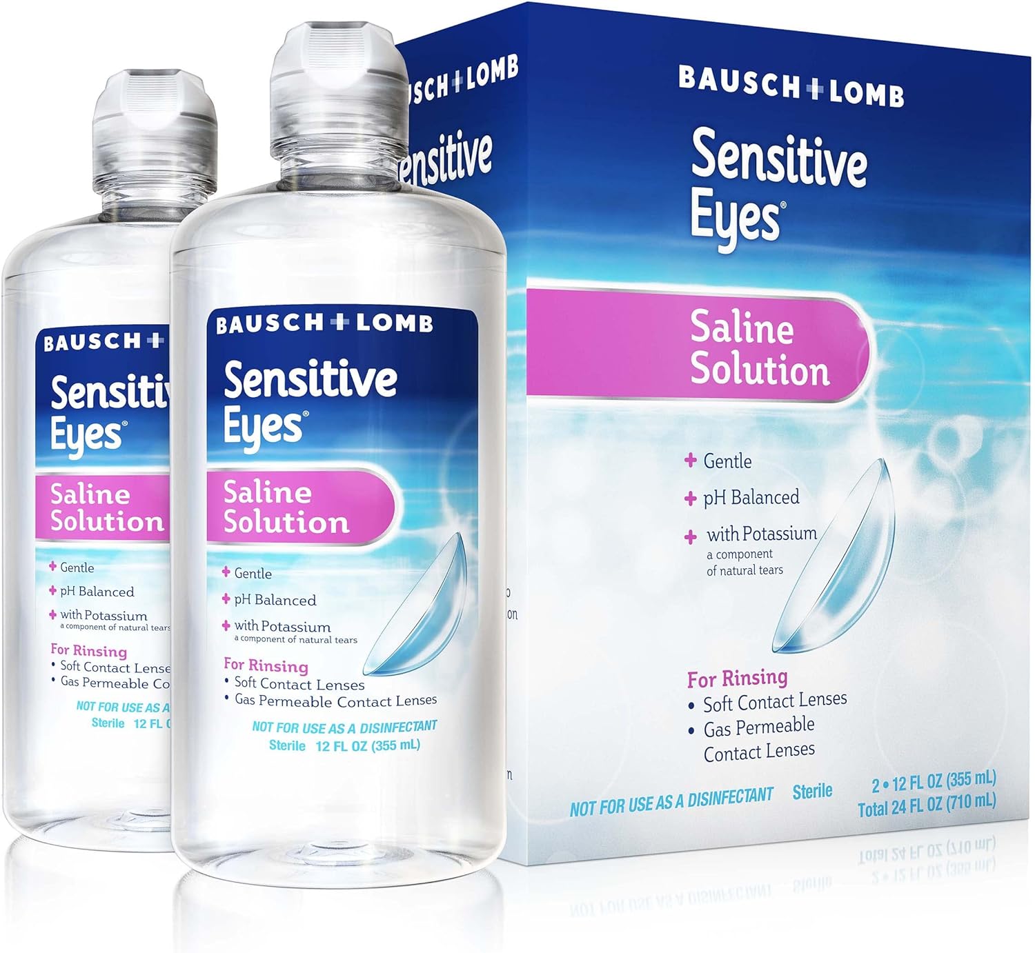 Bausch  Lomb Sensitive Eyes Contact Lens Solution, Sensitive Eyes Solution for Soft Contact  Gas Permeable Lenses, Saline Solution with Potassium, 12 Fl Oz (Pack of 2)