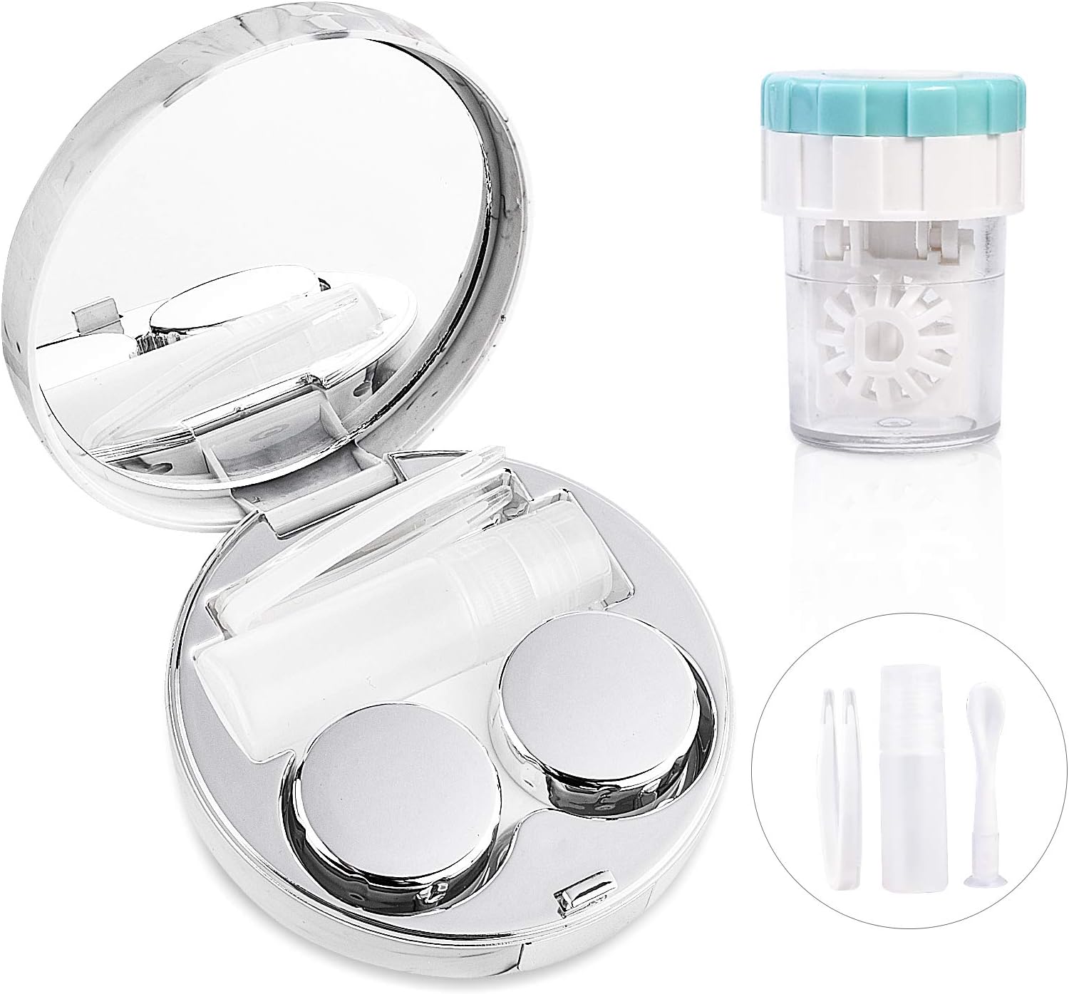 Contact Lens Travel Kit with Cleaner Washer, Portable Contact Box with Mirror Tweezers Remover Tool Solution Bottle for Daily Outdoor (Silver)