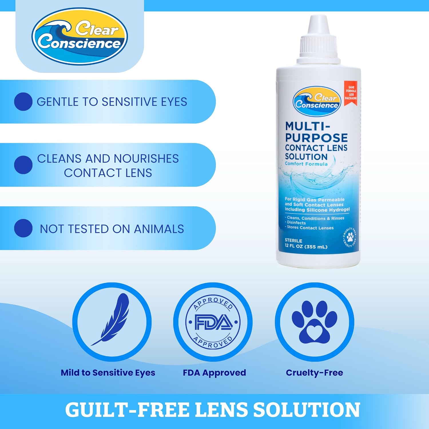 Cruelty-Free Contact Lens Solution 12oz - Multi Purpose Contact Solution  Contact Lens Cleaner - Eye Contact Solution, Sterile Isotonic Contact Lenses Solution by Clear Conscience (2 Pack)