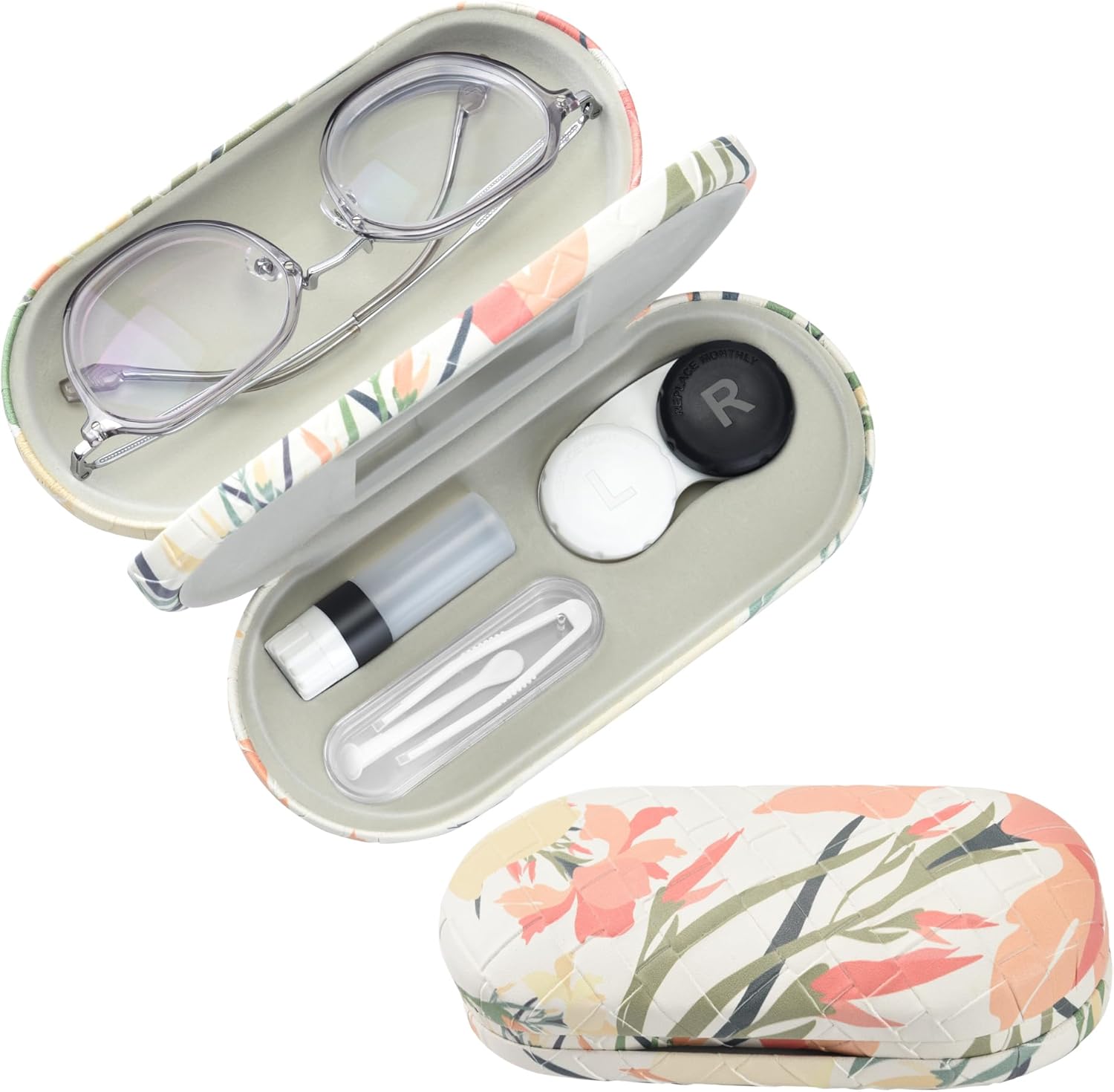 2 in 1 Contact Lens and Glasses Case,Double Sided Dual Use Design with Mirror, Tweezer and Contact Lens Solution Bottle,Portable Soak Storage Kit for Travel,Office(Beige Flower)