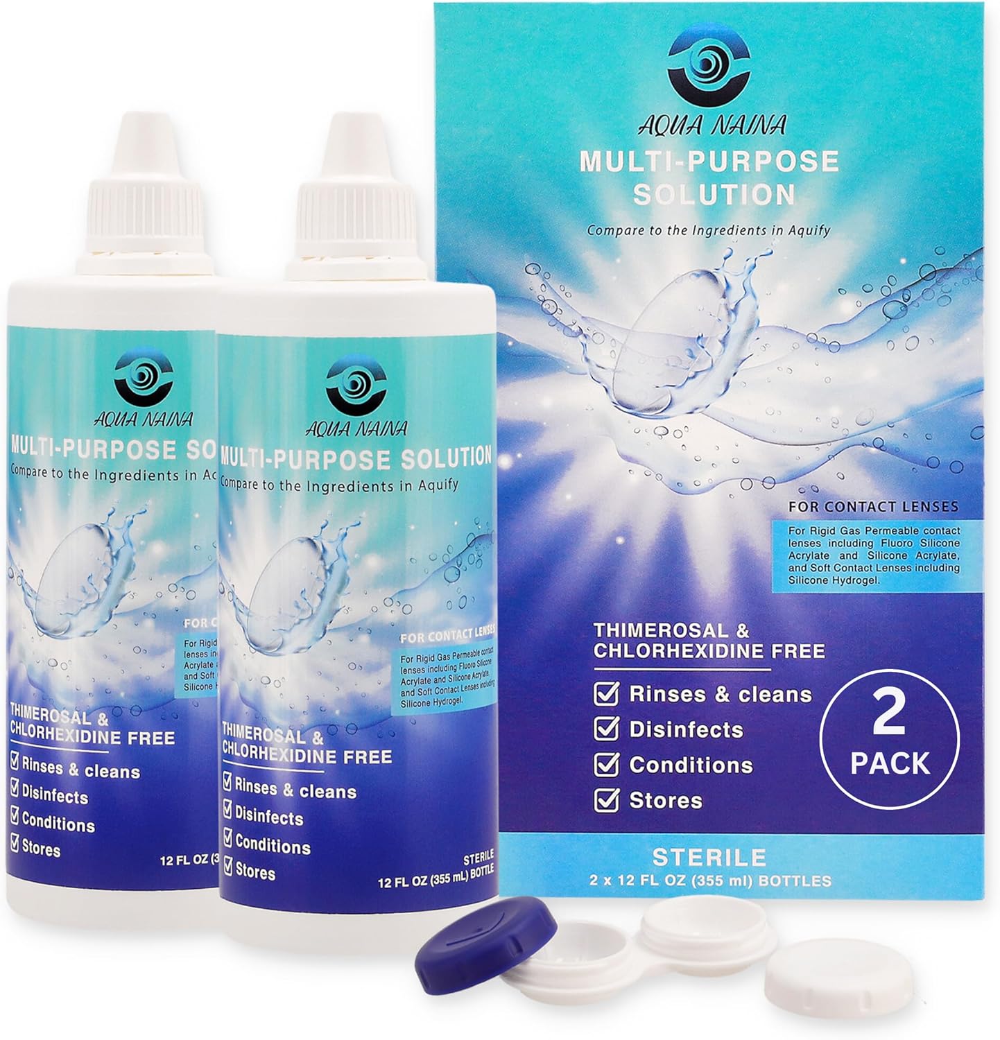 Aqua Naina 12 Fl Oz (Pack of 2) | Contact Lens Solution | Cleaning and Disinfecting Multi-Purpose Contact Solution | Convenient Everyday Lens Hygiene and Eye Care