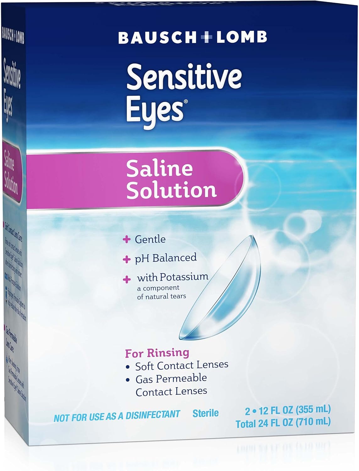 Bausch  Lomb Sensitive Eyes Contact Lens Solution, Sensitive Eyes Solution for Soft Contact  Gas Permeable Lenses, Saline Solution with Potassium, 12 Fl Oz (Pack of 2)