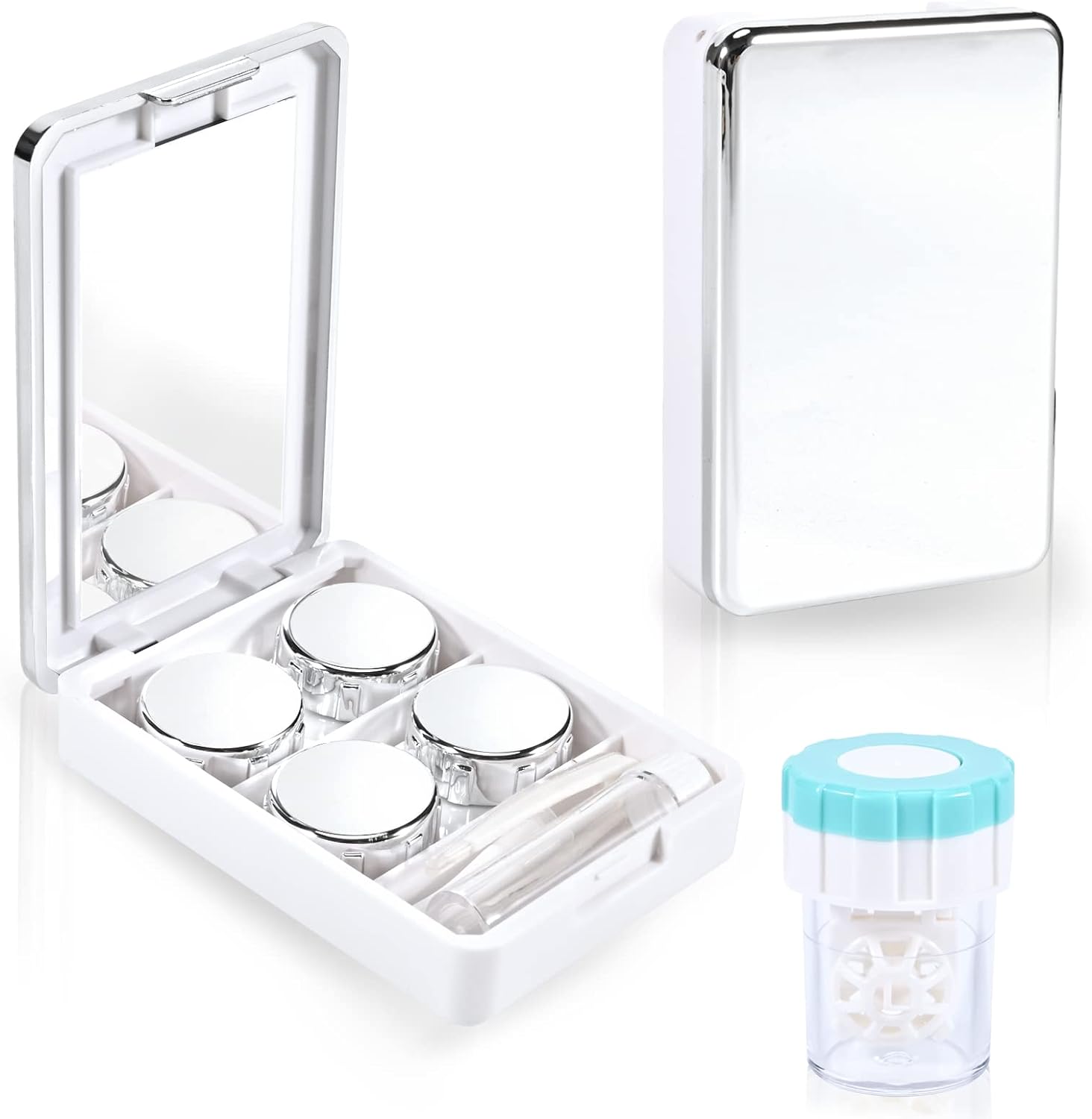 MC2 Contact Lens Case with Manual Contact lens Cleaner Machine, Portable Contact Box with Mirror Tweezers Remover Tool Solution Bottle for Daily Outdoor Travel. (Silver)