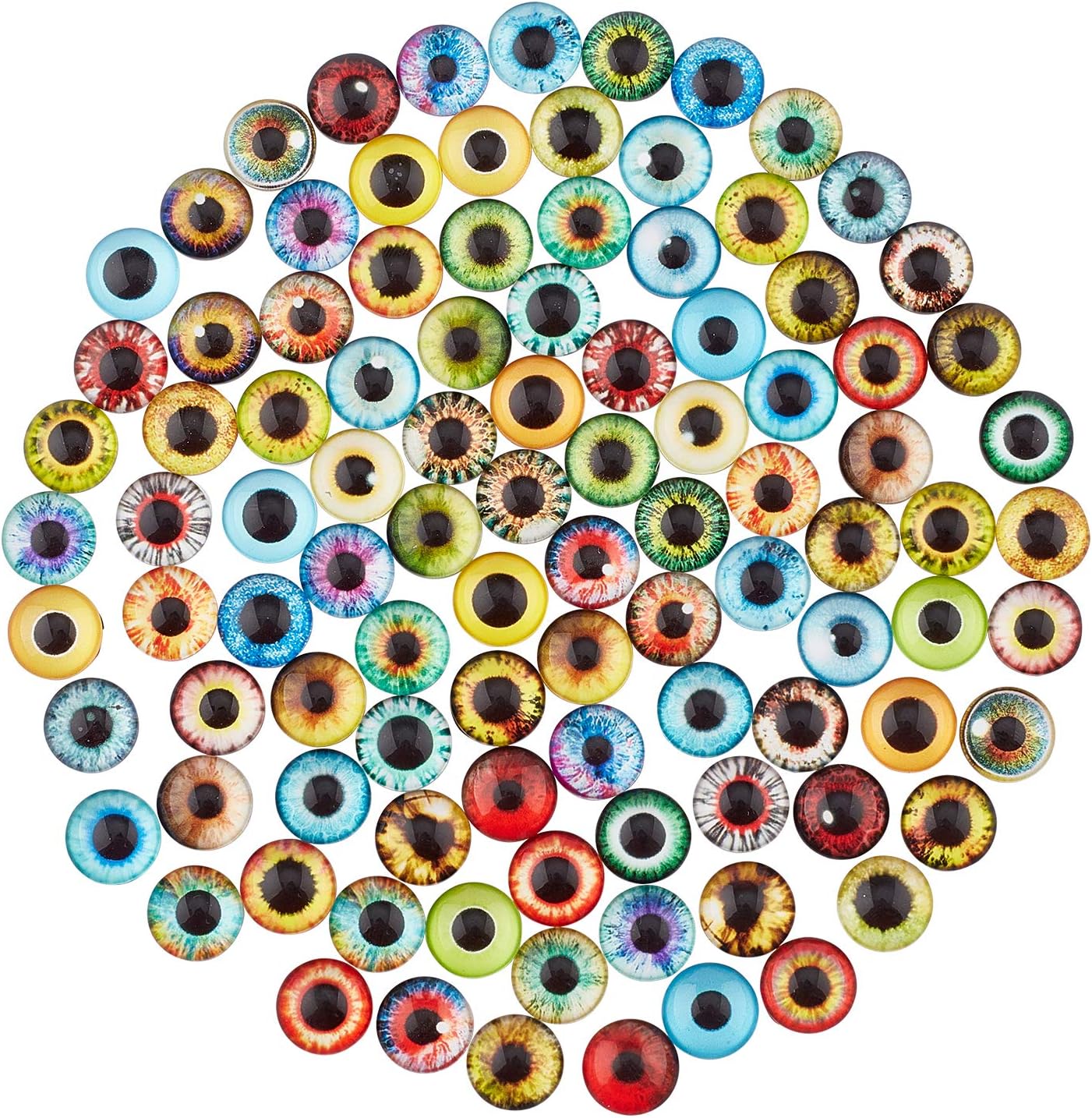 PH PandaHall 12mm Dragon Eyes Glass Cabochons, 100pcs 50 Style Cat Owl Bird Eye Tiles Human Pupil Eyes Half Round Gems Lucky Evil Eye Glass Cabochons for Art Props Photo Dome Pendant Trays Halloween