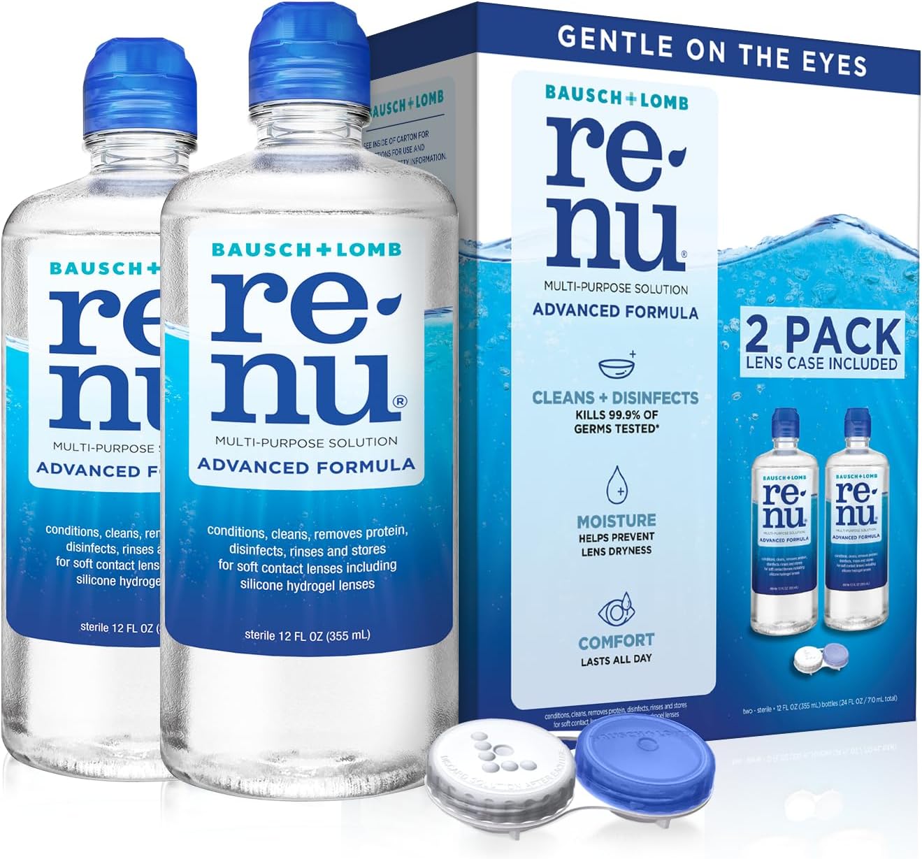 Renu Contact Lens Solution Advanced Formula Multipurpose Lens Cleaner for Eye Contacts, Cleaning, Moisturizing and Disinfecting Care for Soft  Silicon Hydrogel Lenses, 12 Fl Oz (Pack of 2)