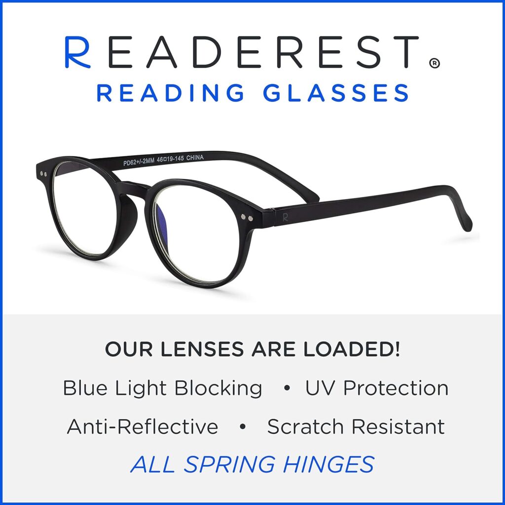 Readerest Round Blue Light Blocking Reading Glasses, UV Protection and Anti-Reflective Lenses, Spring Hinge Computer Reading Glasses, Deep Thoughts (1.25 Magnification, Clear/Black)