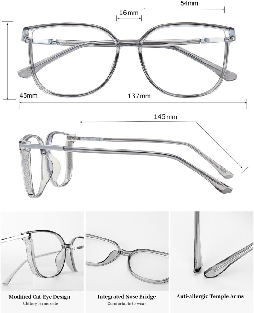 Vintage Cat-Eye Blue Light Glasses for Women, Computer Eyeglasses, Filter Blue Ray/Anti-reflective /UV400 Protection/Reduce Eyestrain/Minimize Headache, Glittery lightweight TR90 Gray Eyewear